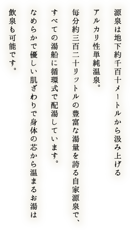 源泉は地下約千百十メートルから汲み上げるアルカリ性単純温泉。毎分約三百二十リットルの豊富な湯量を誇る自家源泉で、すべての湯船に循環式で配湯しています。なめらかで優しい肌ざわりで身体の芯から温まるお湯は飲泉も可能です。